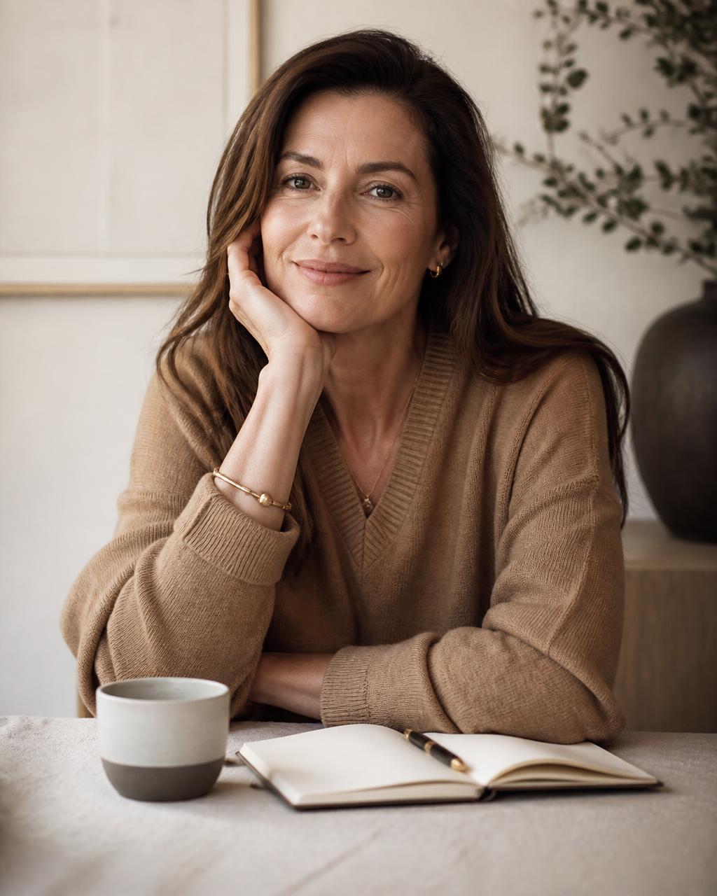 Portrait of Judy, founder and creator of Luméra by Judy, seated at a linen-covered table